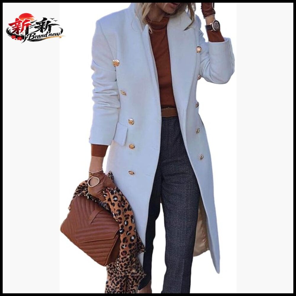 Women's Wool Blend Pea Coat with Notched Collar and Double Button